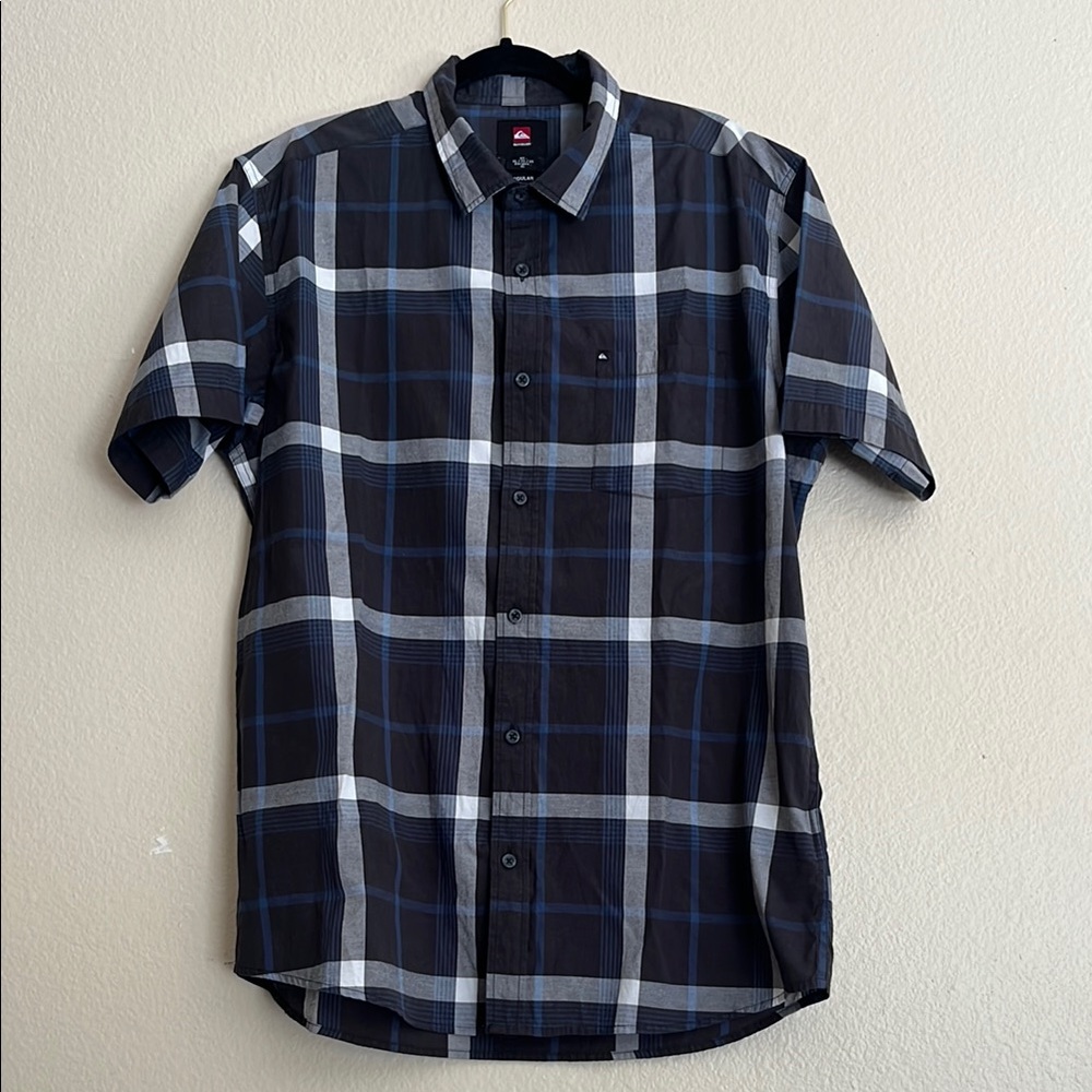 Quicksilver Men's Black and Blue Plaid Shirt, Size X-Large